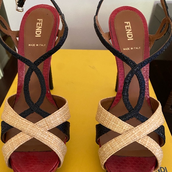 FENDI Platform Strap Sandals, SZ 37, black and Red